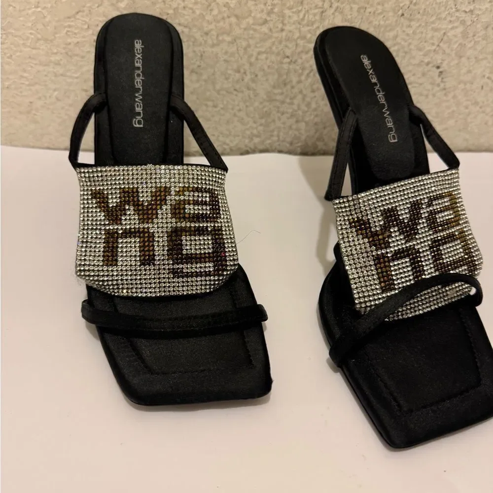 Alexander Wang Black and Silver Strappy Rhinestone Heels
